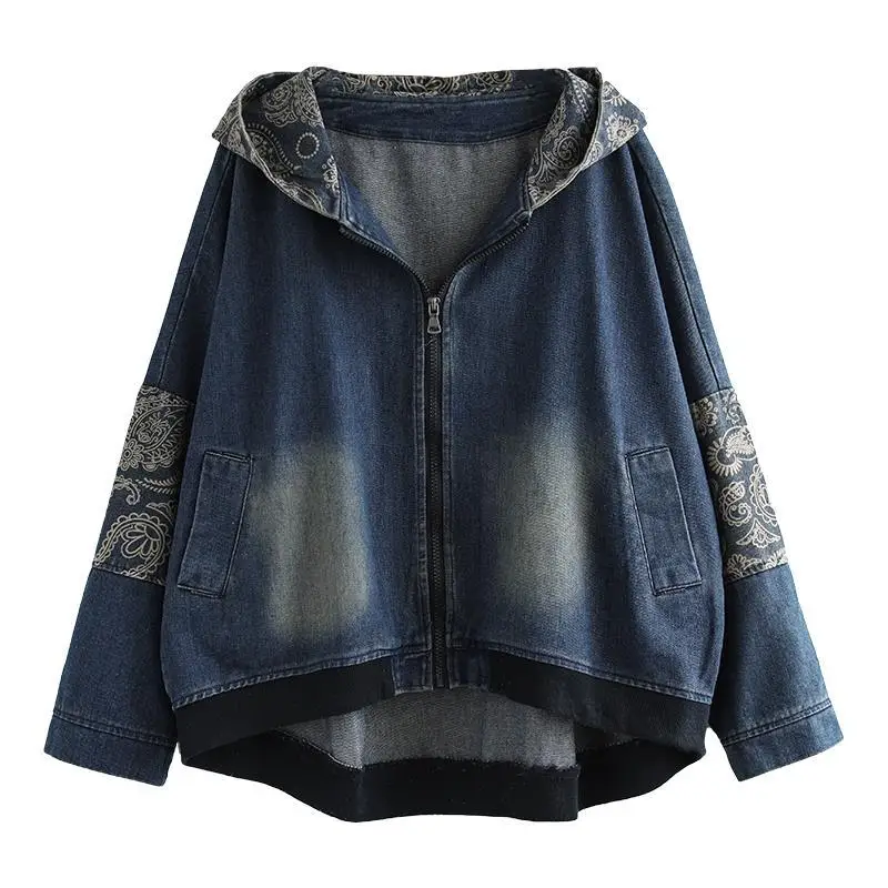 

Literature art Vintage splicing denim short jacket women spring autumn new hooded embroidery jean coat Female loose Clothes XQ10