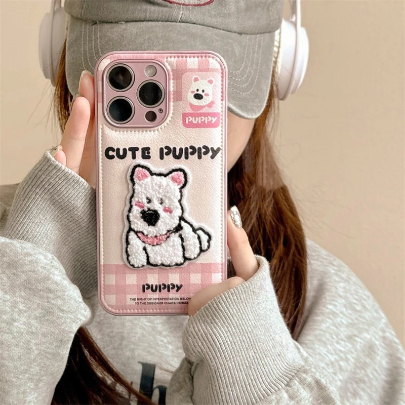 Cute Embroidered Puppy Cat Phone Case For iPhone 16 15 13 11 12 Pro Max Soft Leather Drum Bag Back Cover