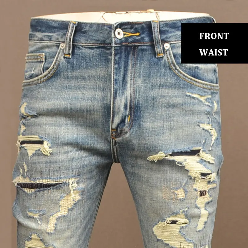 High Street Fashion Men Jeans Retro Washed Blue Stretch Slim Fit Ripped Jeans Men Vintage Designer Denim Pants Hombre