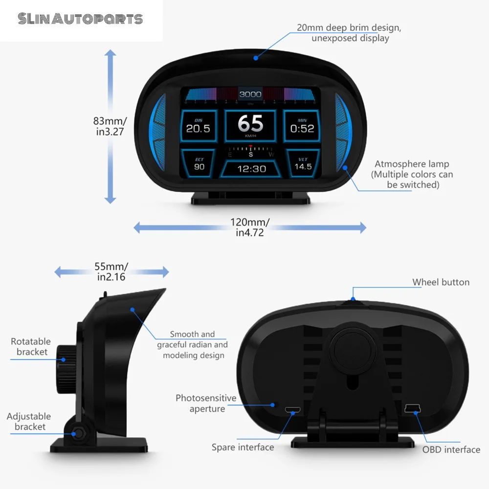 SLin Autoparts P2 Car Head-up Display OBD GPS Multi-function LCD Instrument Ambient Light Electronic Slope Meter Overspeed Alarm
