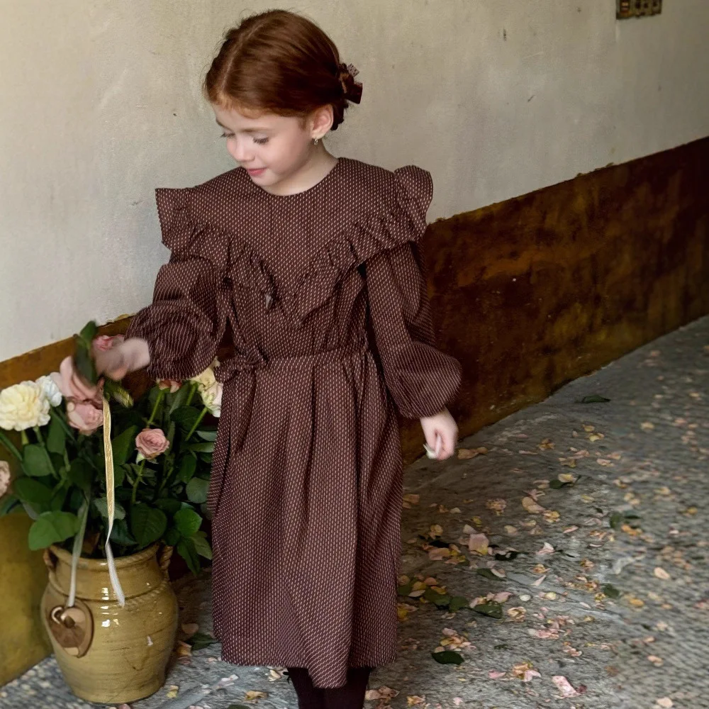 

Girls Skirt 2025 Autumn and Winter New Children's Clothing Girls Baby Retro Polka Dot Big Lapel Dress Casual Simple All Match