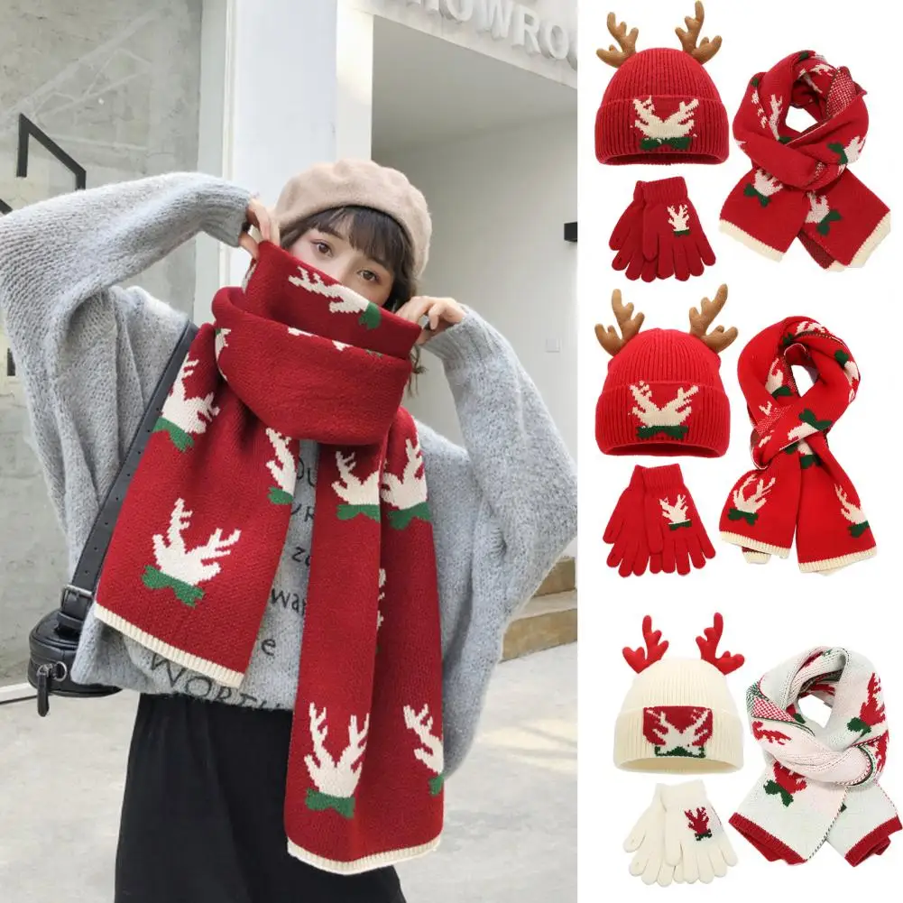 

3 Pcs/Set Christmas Hat Scarf Glove Set Antler Print Knitted Dome Cap Neck Wrap Set New Year Elastic Beanie Scarf Gloves Set