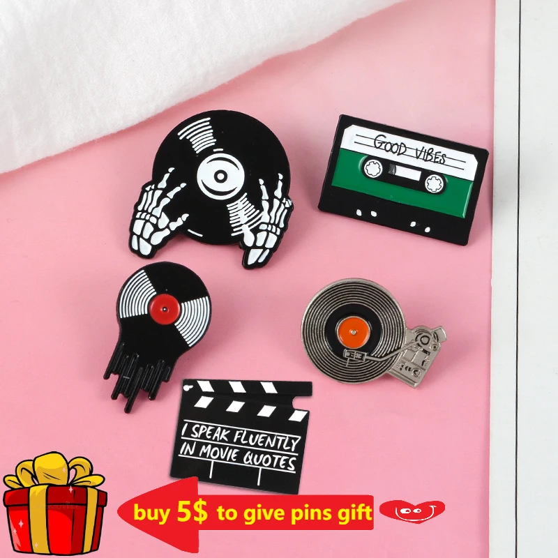 Punk Music Lovers Enamel Pin Good Vibes Tape DJ Vinyl Record Player Badge Brooch Lapel Pins Gothic Jewelry Gift Drop Shipping