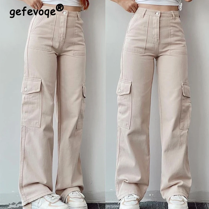 

Spring Autumn New Casual Fashion Solid Color Pocket Straight Cargo Pants Ladies All-match Midi Waist Trousers Women's Clothing