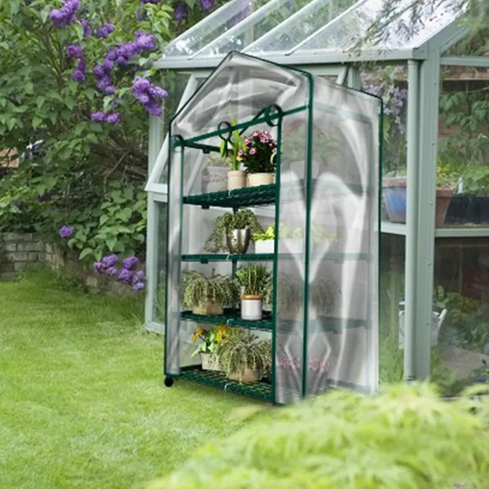 4 Tier Mini Greenhouse - Portable Greenhouse with Locking Wheels and PVC Cover for Indoor or Outdoor - 27 x 19 x 63-Inch Green