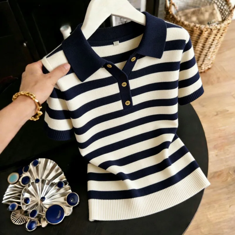Pullover Gestrickter Pullover Damen Pullover Neu Sommer Kurzarm Gestreifter Strickpullover Damen Oberteile mit Umlegekragen Q3843