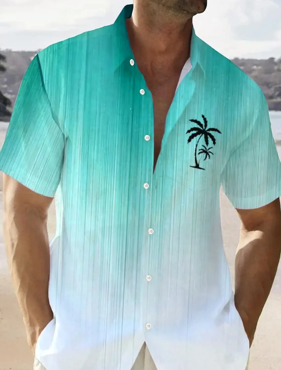 2024 Summer New Men\'s Lapel Short Sleeve T-Shirt Coconut Tree Printed Stereoscopic Pattern Couple Hawaii Shirt Daily Casual Wear