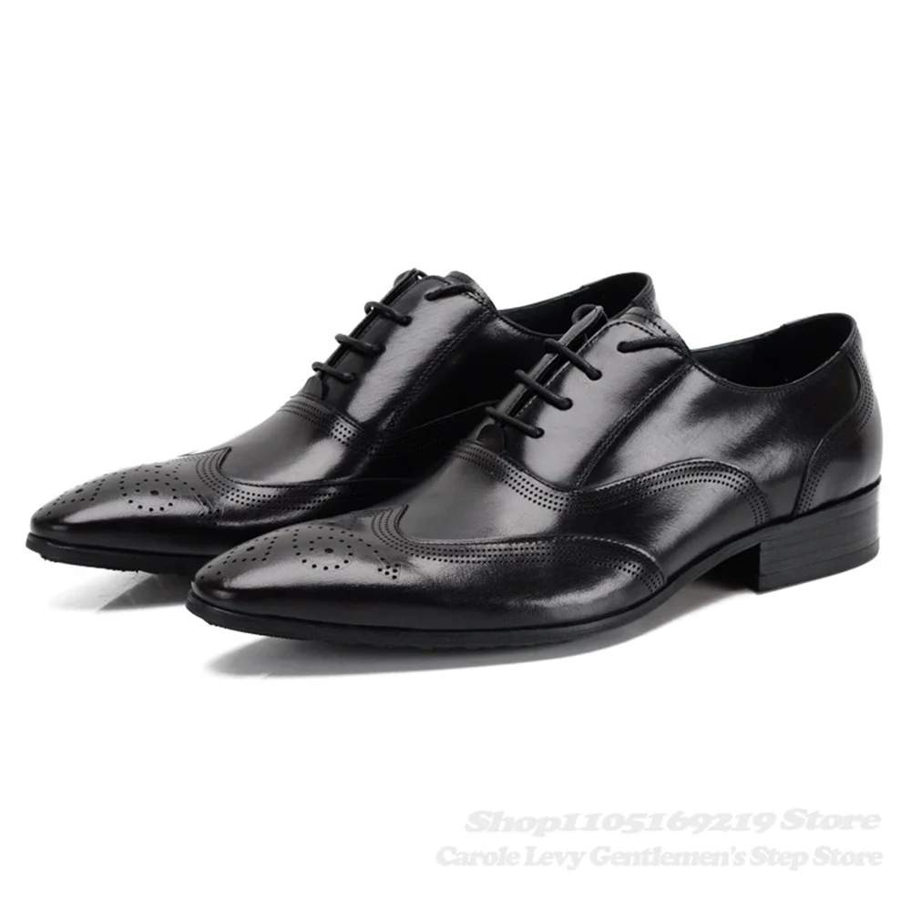British Genuine Leather Men's Shoes Carved Pointed Business Formal Dress Shoes Ventilate Handmade New Lace Up Single Shoes