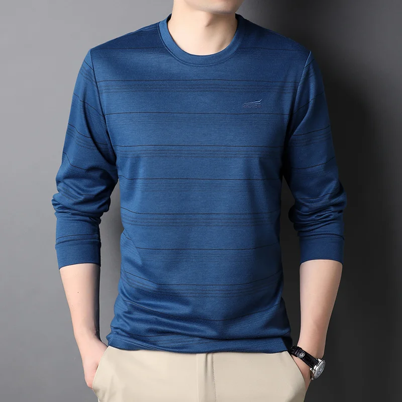 

2022 Spring New Striped Long Sleeve T-shirt Men Round Neck Casual Shirt Men's Fashion Letter Embroidery Top Clothes Lightweight