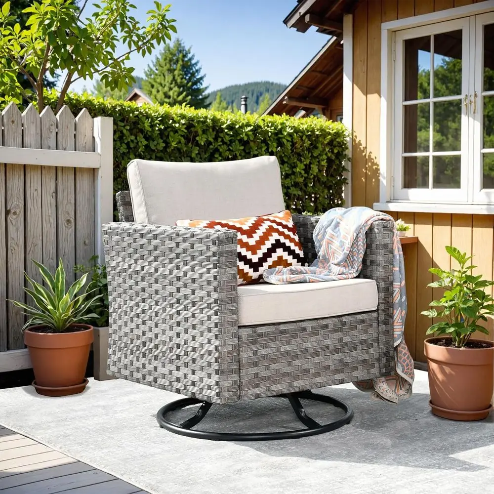 

Beige Outdoor Wicker Rocking Chair with Cushions for Patio, Porch, or Garden Deck