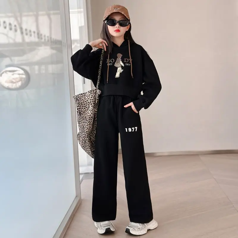 2025 autumn spring teenager kids girl Child set crop top Hooded tracksuit sweatshirt top and bottom wide leg pants 8 12 Year