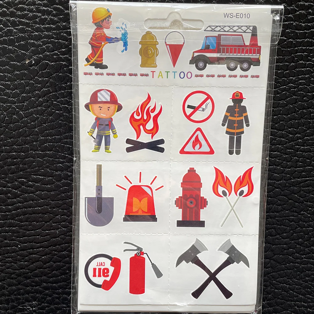 10 Sheets/Set Fireman Sam Birthday Decorations Firefighter Temporary Tattoos Stickers Fire Department Theme Party Supplies Decor