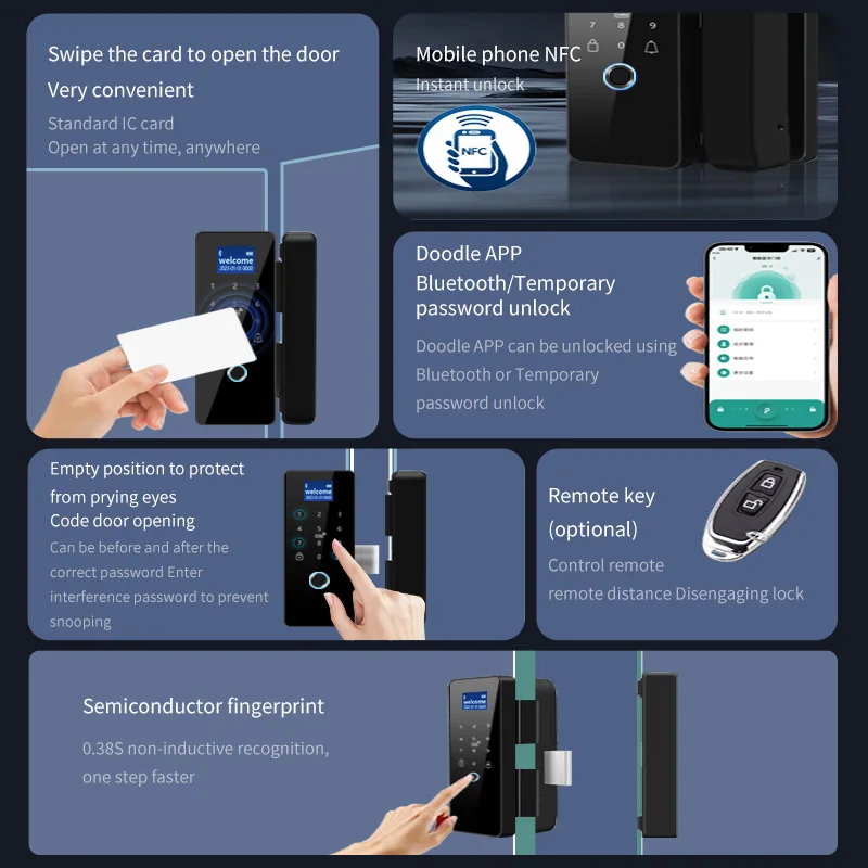 Serrure de porte en verre intelligente, application Tuya, empreinte digitale, Bluetooth, déverrouillage biométrique, serrure de porte électronique, contrôle d'accès IC