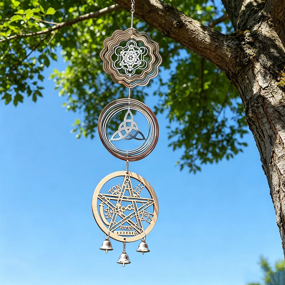 Vintage Mystical Celtic Knot Stainless Steel Wind Spinner Wooden Wind Chime with Bells for Outdoor