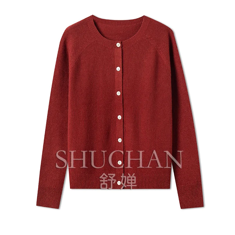

Soft waxy feel spring and autumn crew neck sweater single-breasted seamless integrated 100 wool sweater women's knitted cardigan