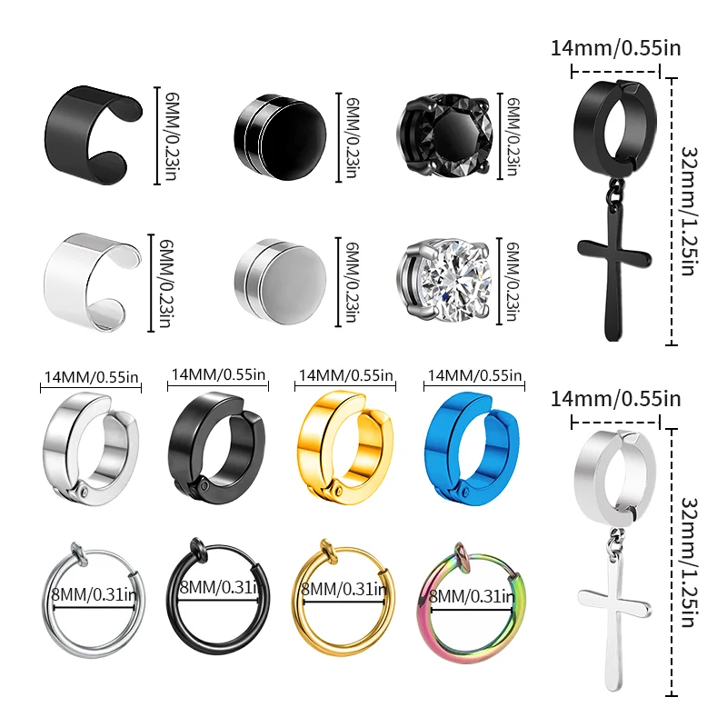 1/16 Pairs Magnetic Stud Earrings Men Stainless Steel Non-Piercing Cross Dangle Hoop Earrings Unisex CZ Magnet Clip on Earring