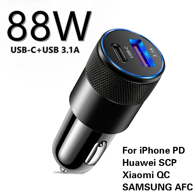 88W Car Charger Quick Charge 3.0 Type C Fast Charging Phone Adapter for iPhone 15 14 12 Pro Max Redmi Huawei Samsung XIAOMI