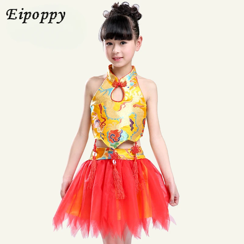 子供のための中国の漫画のスタイルのコスチューム、ベール付きのエプロンドレス、民俗ダンス、男の子と女の子のためのカンフーの服