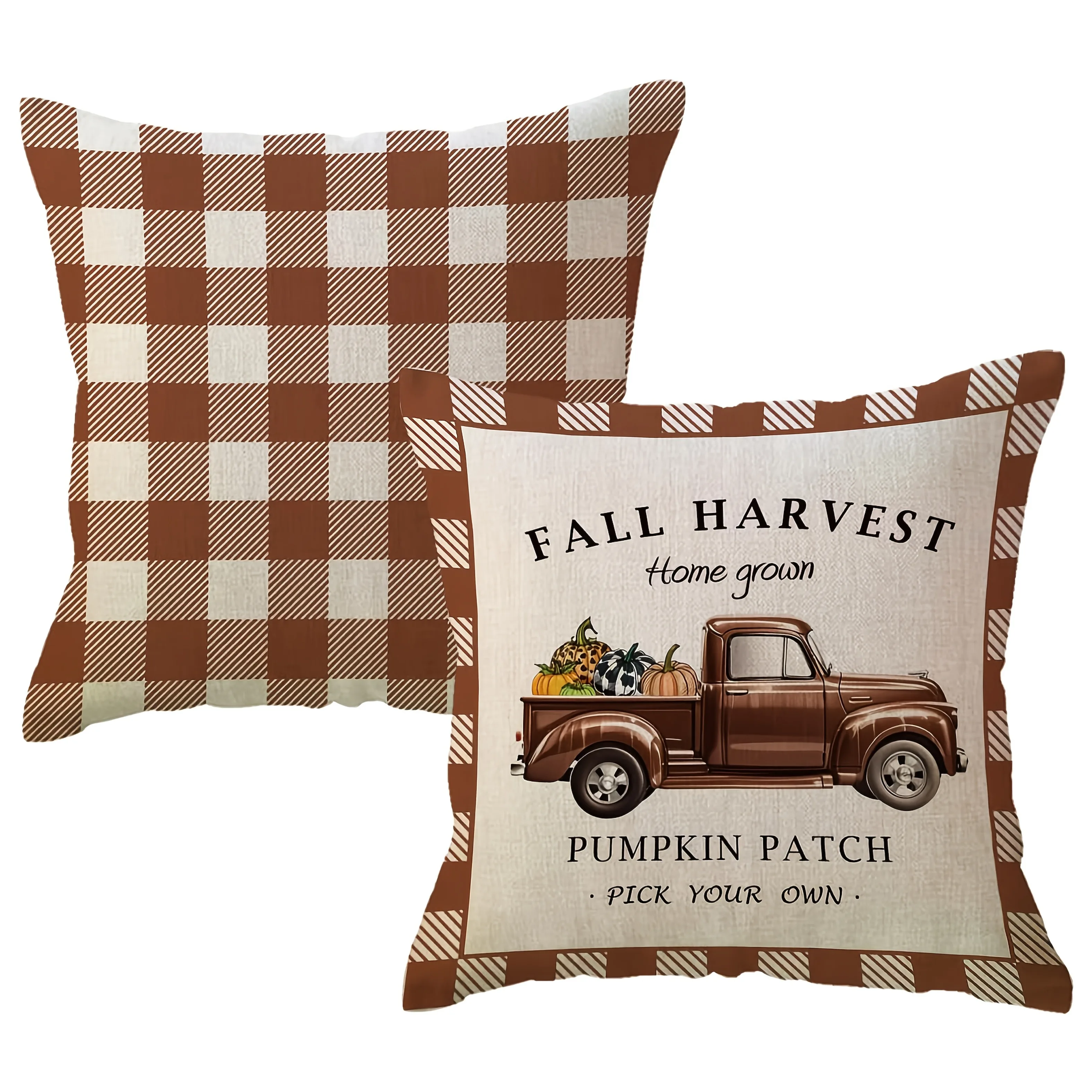 2pcs Set Farmhouse Fall Harvest Decorative Throw Pillow Set Checkered Rustic Truck with Pumpkins Design, 18x18 In Soft Polyeste