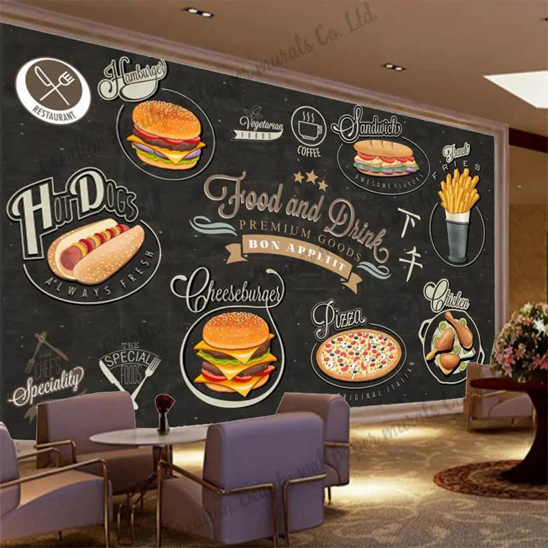 Custom Blackboard Fast Food Wallpaper Industrial Decor Hamburger Pizza Mural Restaurant Snack Bar Background Wall Papel Tapiz