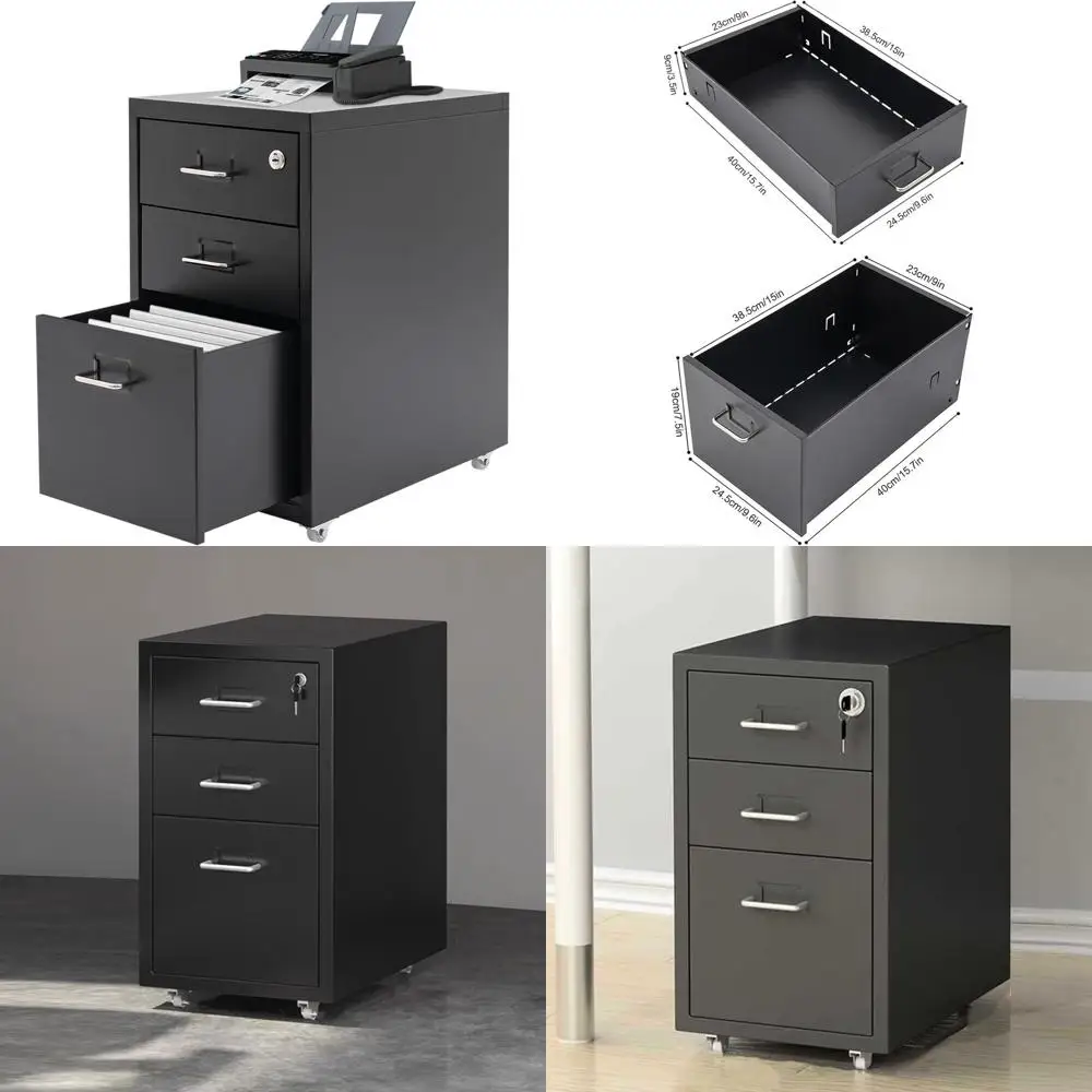 

Lockable Mobile 3-Drawer File Cabinet on Wheels, Suitable for A4/Legal/Letter Sizes, Black