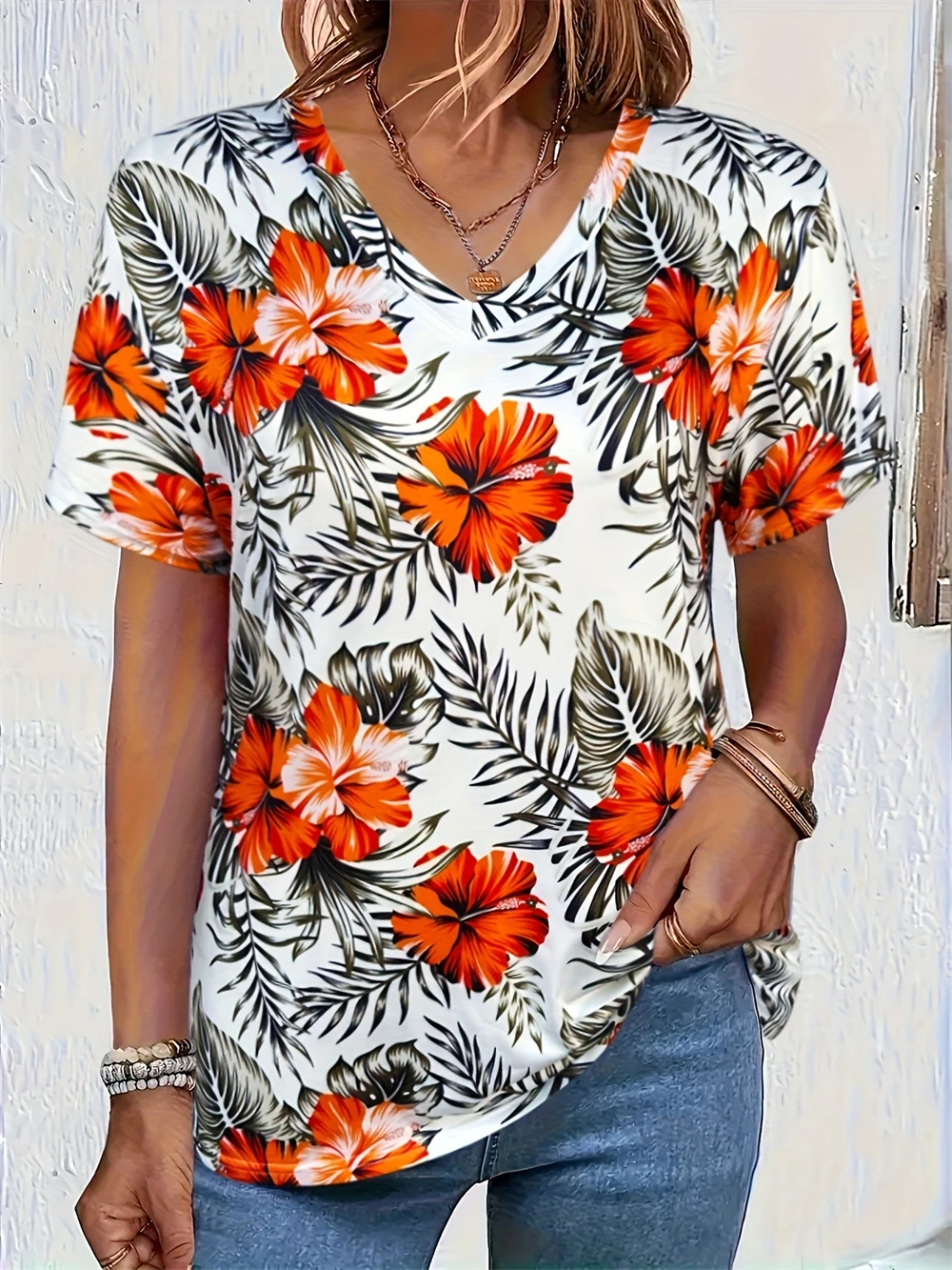 

Summer Elegant Casual Floral 3D Print T-Shirt Women Streetwear T Shirts Y2k Tops Woman Harajuku V-Neck Tees Oversized Clothing