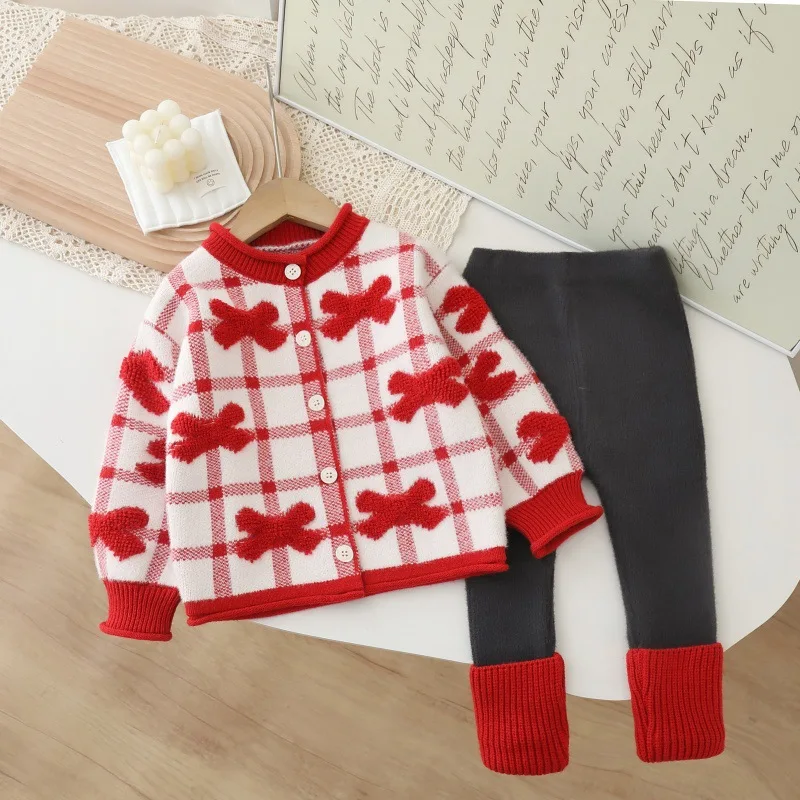 

2025 Autumn/Winter new style Girls' sweater coat two-piece set 2 To 7 Years Girls' round-neck sweater leggings set Leggings set