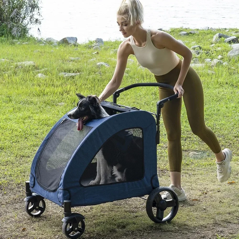 4 Wheel Foldable Pet Stroller for Dog, Breathable with Adjustable Handle Medium or Large Dog and Cat, Pet Strollers