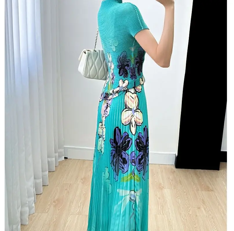 Vintage Two-piece Set Middle Ages Floral Print Pleated Short Sleeves Tops Long Skirts Women Design Chic Outfits Summer Skirt Set