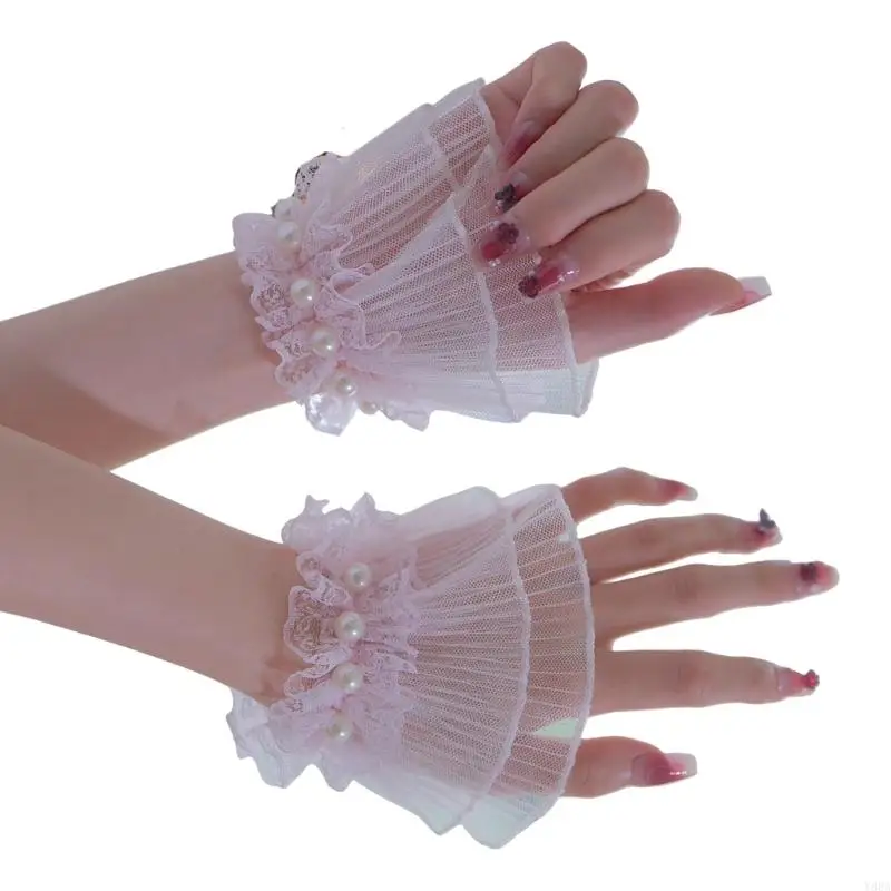 Y88A Flower Lace Hand Sleeves For Nails Artists Artificial Pearls Decors Lace Flower Arm Sleeves Photography Accessory Cuffs