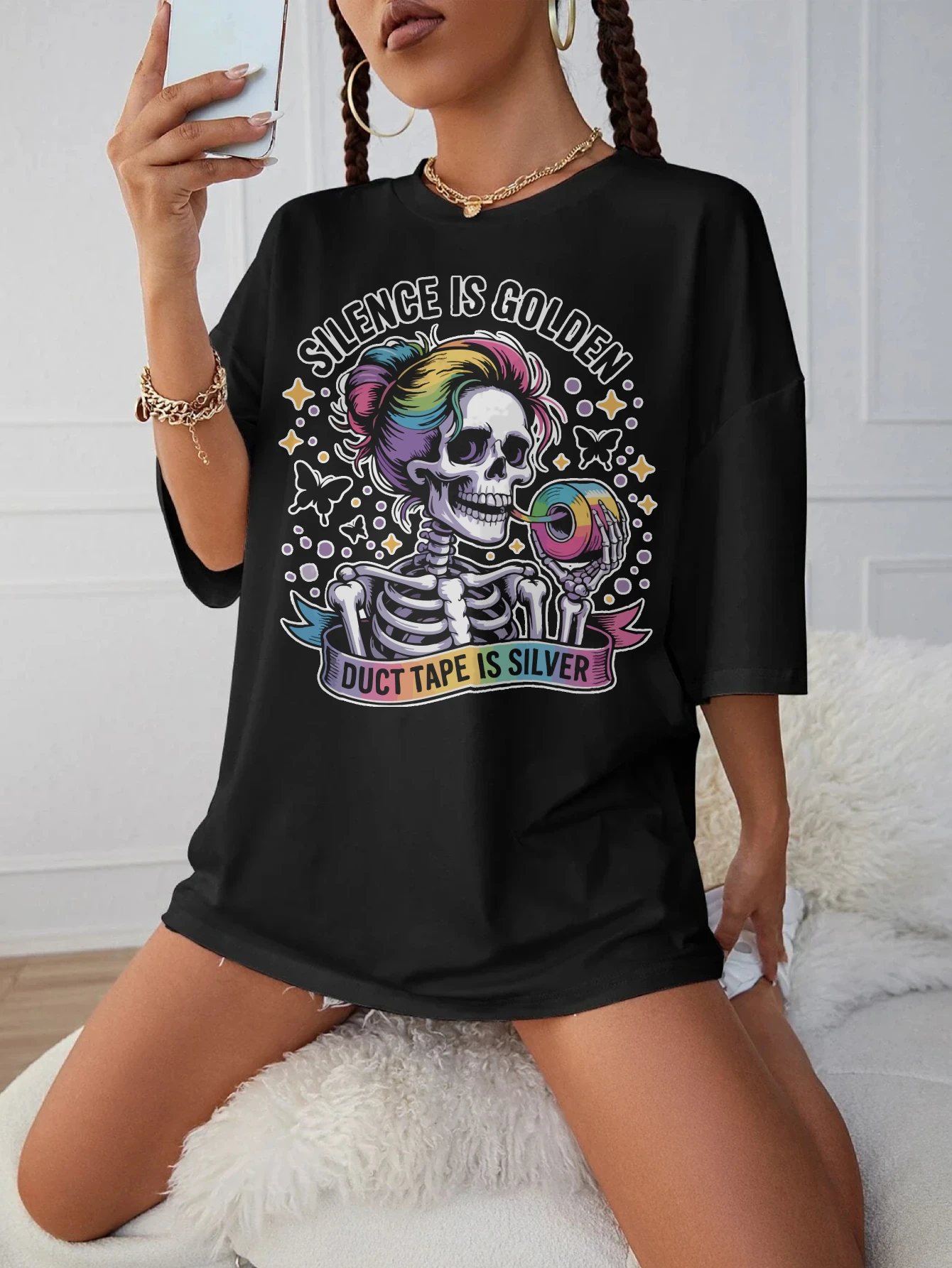 

silence is golden duct tape is silver Maternity T-Shirt for Women Black Loose Fit Round Neck Comfortable for Late Pregnancy
