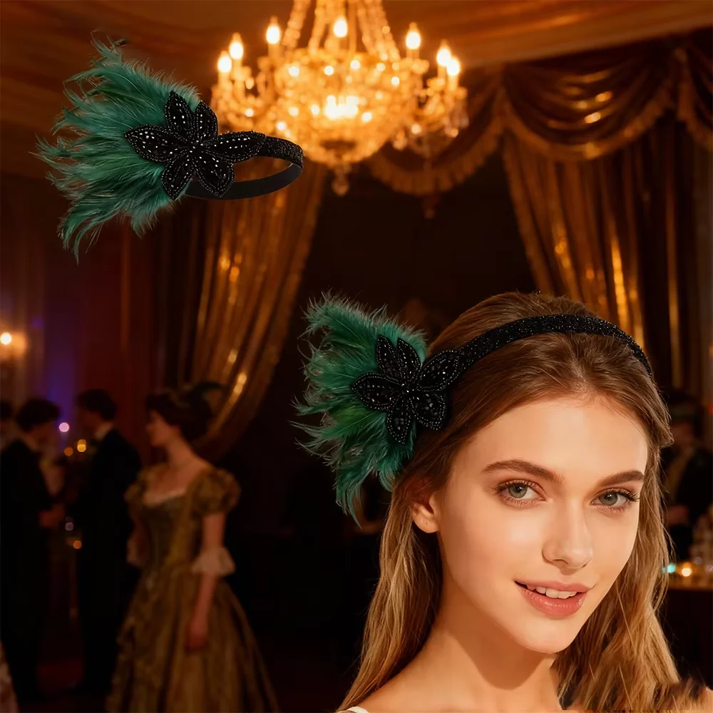 PESENAR Diadema navideña negra con adorno de plumas verdes y cristales