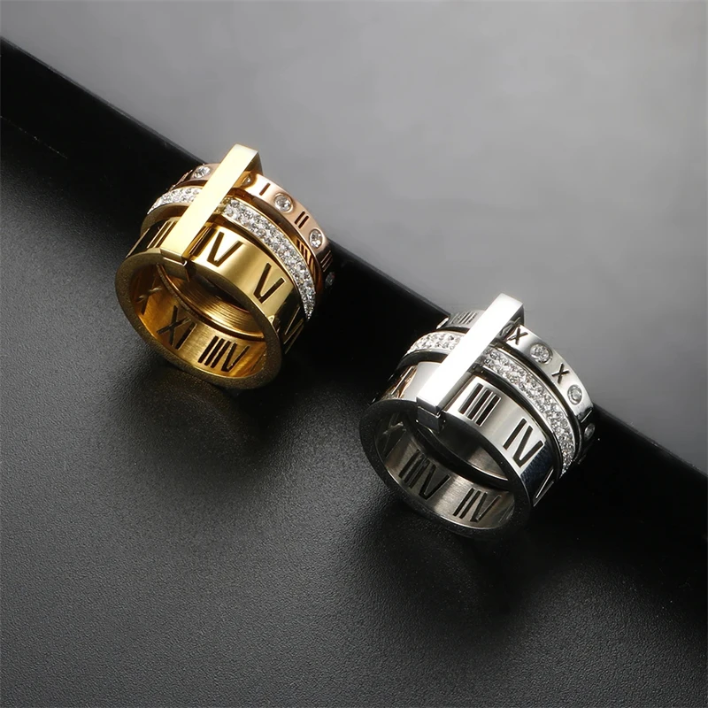 

Three Layer Roman Digital Stainless Steel Women's Ring Fashion Luxury Rotable Crystal Ring Women's Fashion Wedding Jewelry Gift