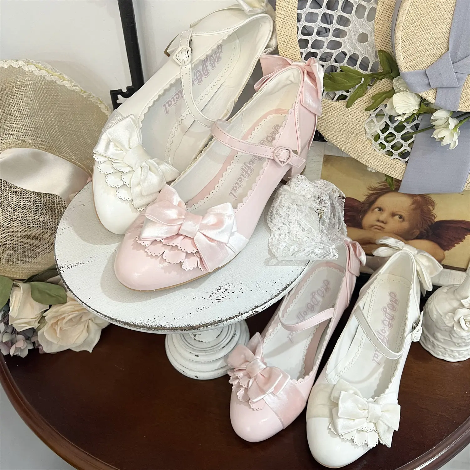 Japanese Original Lolita Bow High Heels Women's Leather Gorgeous Elegant Middle Heel Lo Shoes Ladies Cla Single Shoes