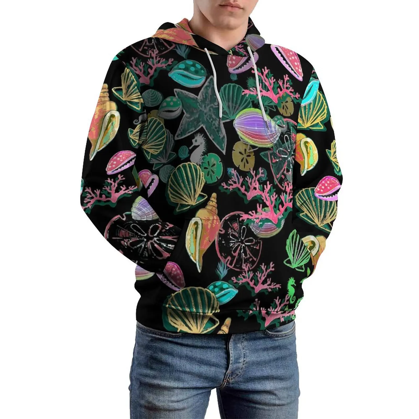 Colorful Sea Shells Casual Hoodies Man Reef Madness Y2k Printed Sweatshirts Autumn Long Sleeve Korean Fashion Oversized Hoodie