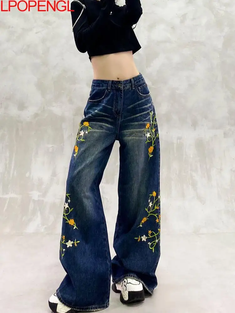 2025 Embroidered Flower Washed Distress Denim Jeans Women's Autumn New Style High Waist Loose Versatile Straight Wide Leg Pants