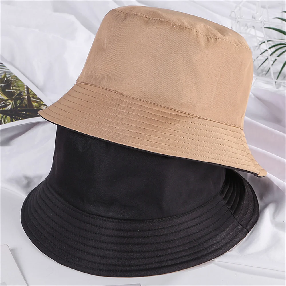 Unisex Cotton Bucket Hats Double-sided Wearing Foldable Women Summer Sunscreen Panama Hat Men Pure Color Outdoor Fisherman Cap