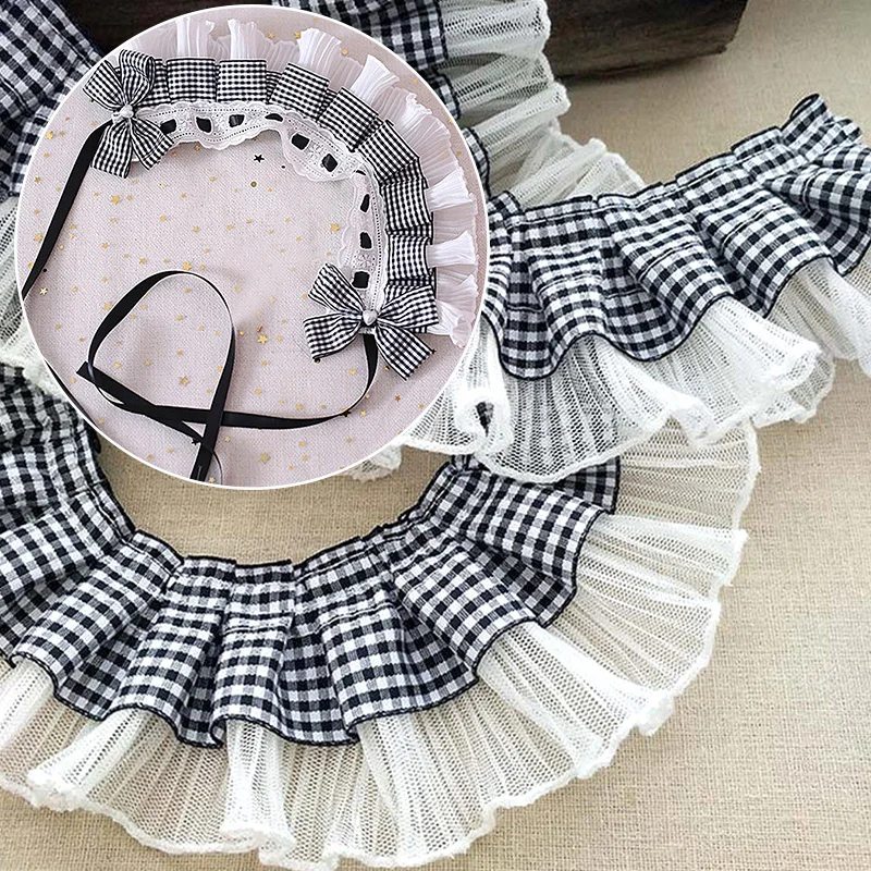 1Yard White Black Plaid Pleated Ribbon Embroidery Lace Fabric Handmade Sewing Clothes Garment Collar Trims Decor Accessories