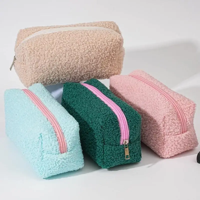Solid Color Plush Travel Makeup Bag Portable Zipper Cosmetic Toiletry Washing Storage Pouch For Women