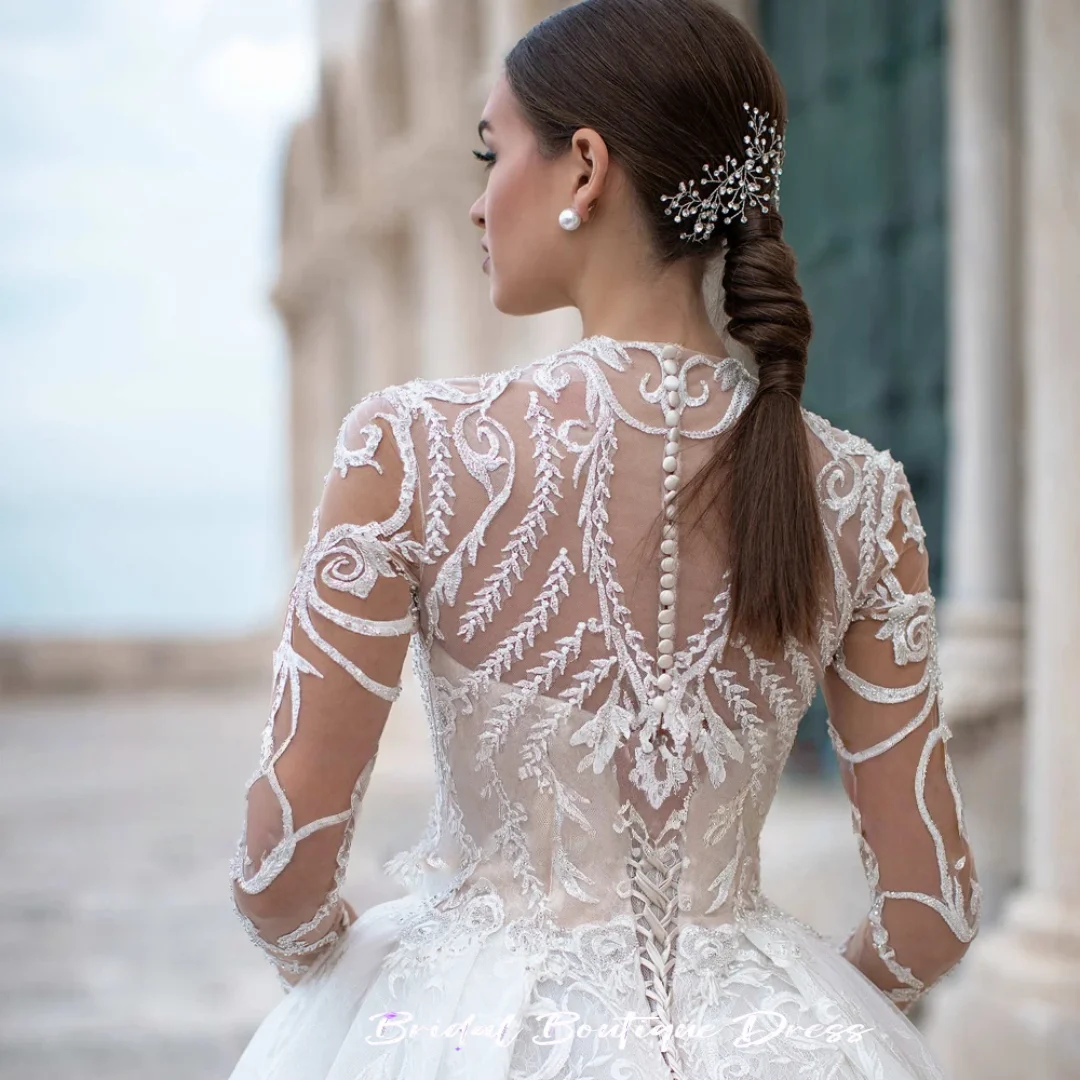 Customized Luxury A Line Wedding Party Dress Embroidered Lace On Net With Ball Gown Train V-Neck Full Sleeve ​Bridal