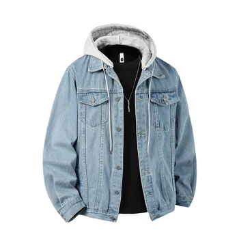 Autumn Winter Hooded Denim Jackets Men Casual Streetwear Outerwear Solid Color Loose Couple Denim Coats Hat Detachable Jacket