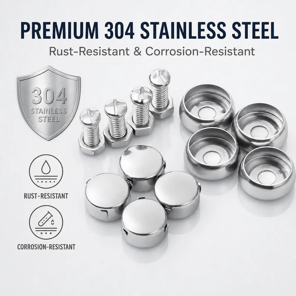 License Plate Screws Fastener Hardware Kit 304 Stainless Steel Anti-Rust Car Plate Mounting Kit with Secure Snap-Caps and Nuts