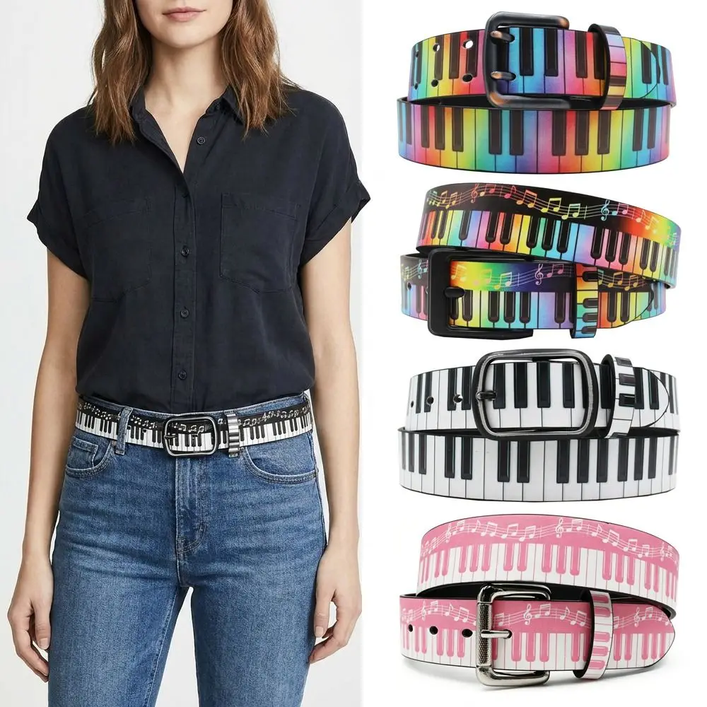 Musical Note Pattern Piano Keyboard Print Belt Luxury Design Casual PU Waist Belt Trendy Brand Jeans Pants Belt