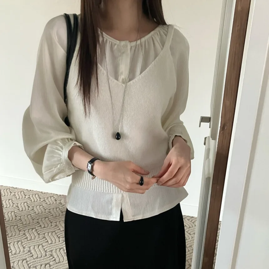 Chic début du printemps femmes longue Sve ronde Ne irt avec ceinture cravate détail couche de base haut décontracté Sle coupe ample Polyester F...