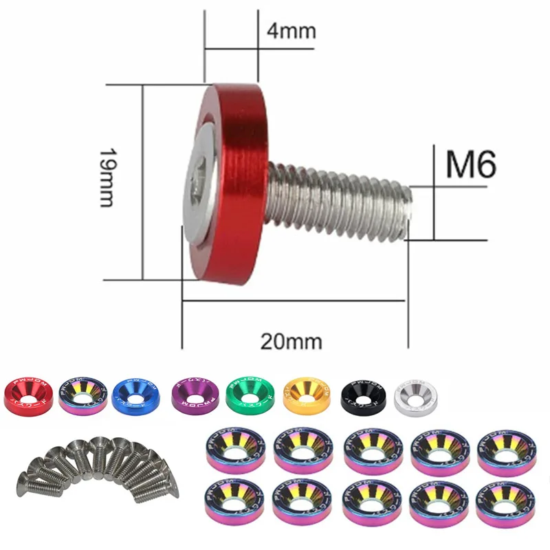 10 pièces M6 Fixations modifiées pour voitures, Vis concaves pour pare-chocs et moteur, Rondelles de pare-chocs, Joints de carrosserie, Boulons de plaque d'immatriculation