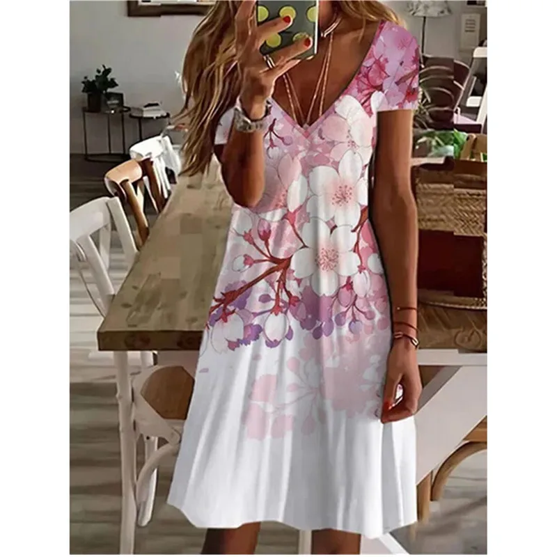 Women  Summer Short Sleeve V-Neck Casual Dress 3D Vintage Floral Printed Elegant Knee Length Dress S-3XL Lady Vestidos