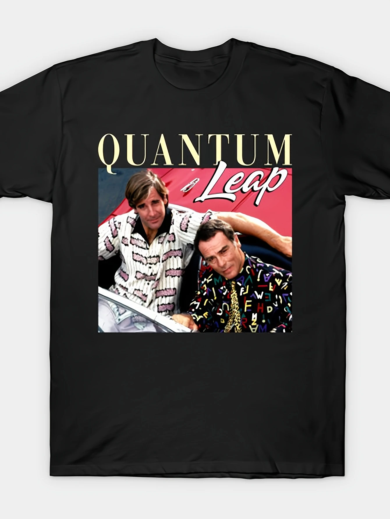 A black T-shirt featuring a 