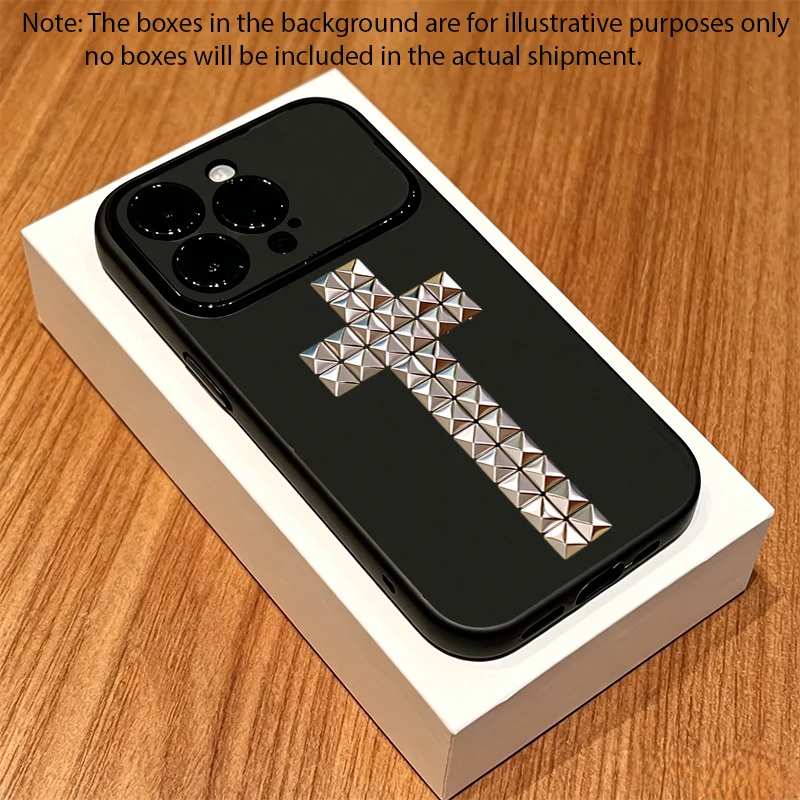 Rivet Cross Shockproof Phone Case For iPhone 11 12 13 14 15 Pro 16 Plus 17 Pro Max X XS XR Black Matte Large Window Soft Cover