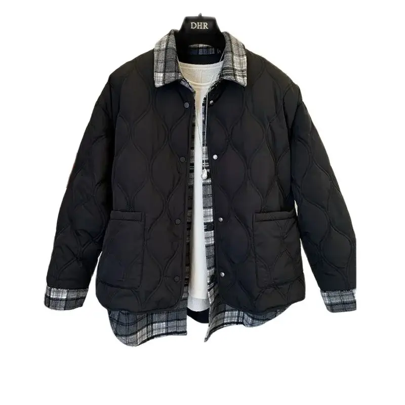 Autumn Winter Shirt Join Together Cotton Jacket Women 2024 New Fashion Loose Casual Fake Two Pieces Thicken Outerwear Female
