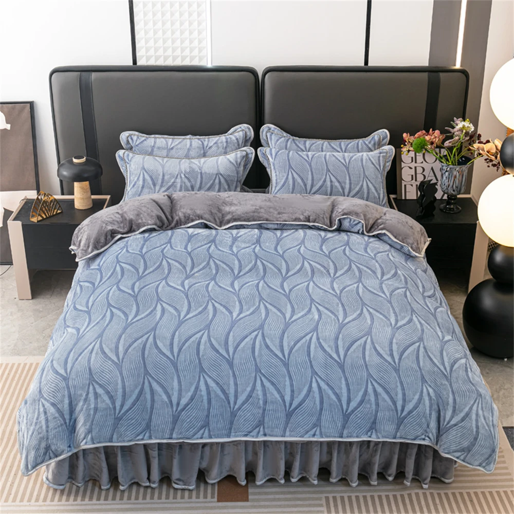 Double-sided Milk Velvet Four-Piece Sets Winter Thickened Plush Bedding Set Anti-Static Flannel Bed Skirt Quilt Cover Pillowcase